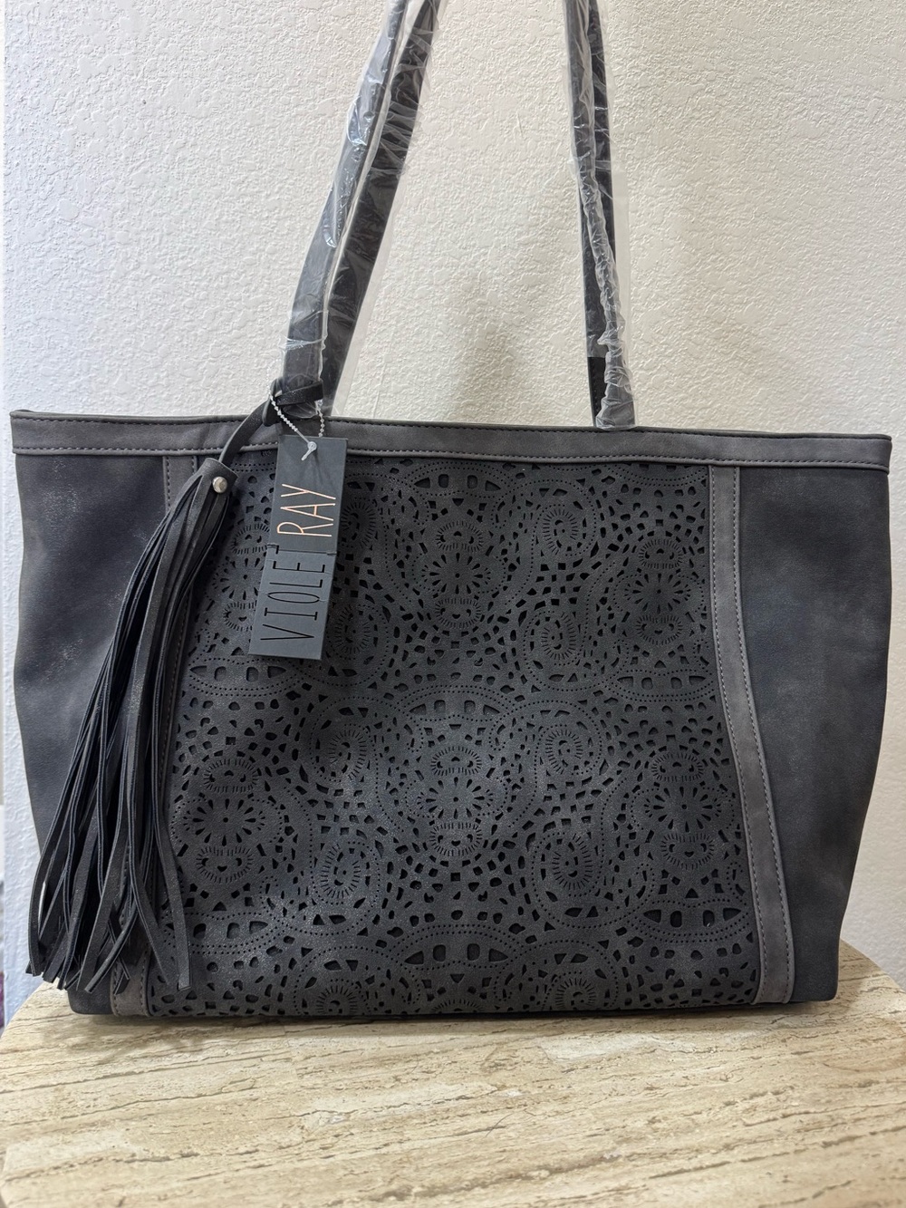 Violet Kay Charcoal Laser-Cut Tote with Tassel